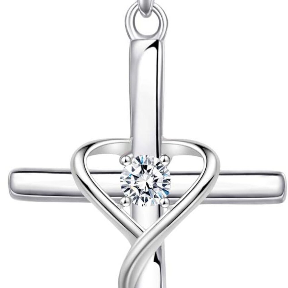 Sterling Silver Cross Necklace With Cz Birthstone 15in Elegant Gift For Women